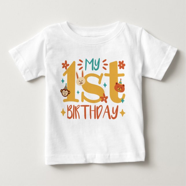 Camiseta Para Bebê "My first birthday" with cute animals (Frente)