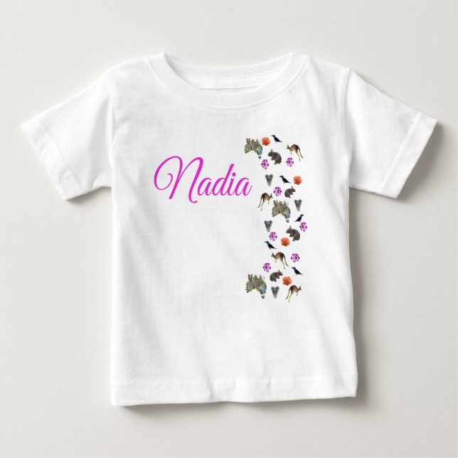 Camiseta Para Bebê Nadia, logotipo com fauna australiana,  (Frente)