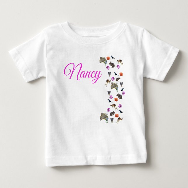 Camiseta Para Bebê Nancy, Nome,  Com Vida Selvagem Australiana,  (Frente)