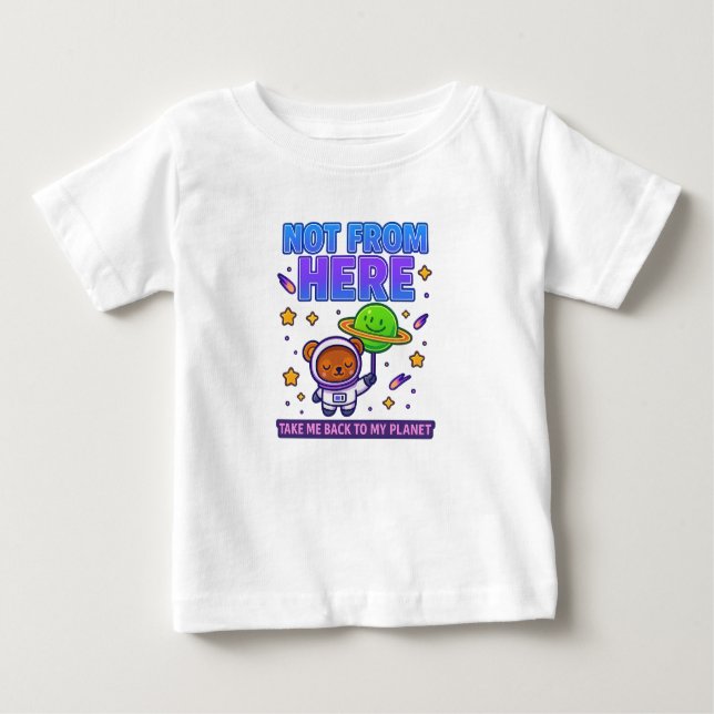 Camiseta Para Bebê Não Daqui, Urso Astronauta (Frente)