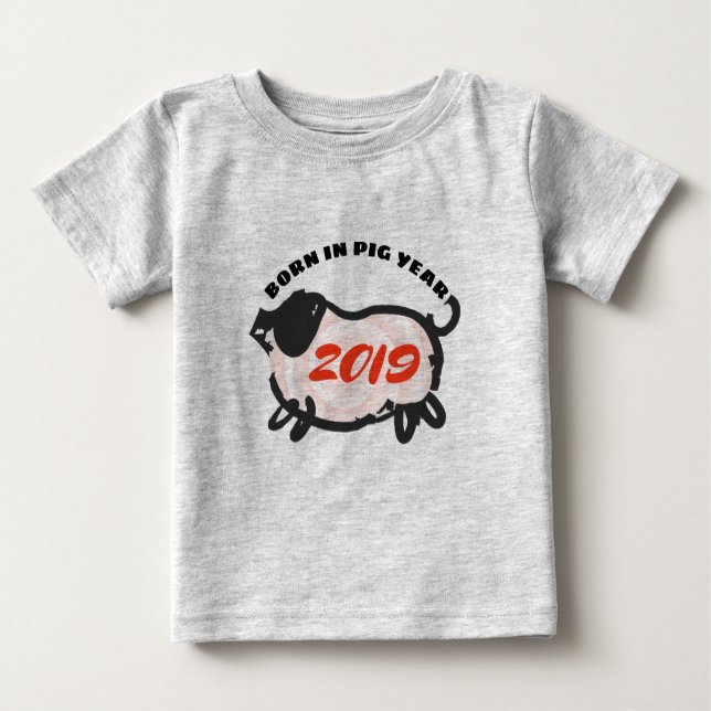 Camiseta Para Bebê Nascer em chinês Porco Ano 2019 Bebê Tee (Frente)
