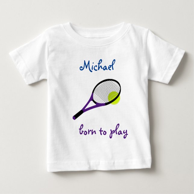 Camiseta Para Bebê Nascer para jogar, Tênis Ball e Racquet, Personali (Frente)