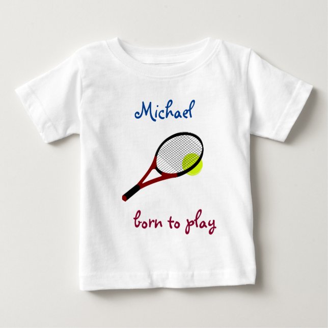 Camiseta Para Bebê Nascer para jogar, Tênis Ball e Racquet, Personali (Frente)