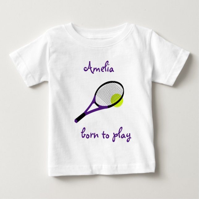 Camiseta Para Bebê Nascer para jogar, Tênis Ball e Racquet, Personali (Frente)