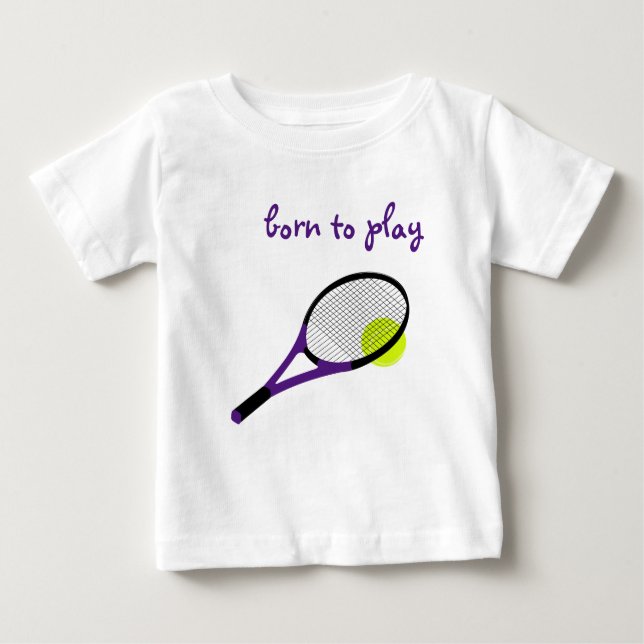Camiseta Para Bebê Nascer para jogar, Tênis Ball e Racquet, Trendy Ch (Frente)
