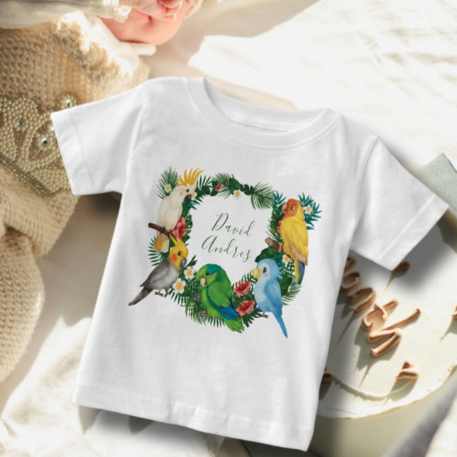 Camiseta Para Bebê Nascimento Tropical Exótico de Papagaios Selvagens (Criador carregado)