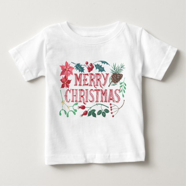 Camiseta Para Bebê Natal Botânico tradicional (branco) (Frente)