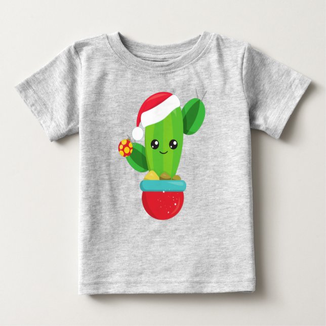 Camiseta Para Bebê Natal Cactus, Santa Hat, Enfeites de natal (Frente)