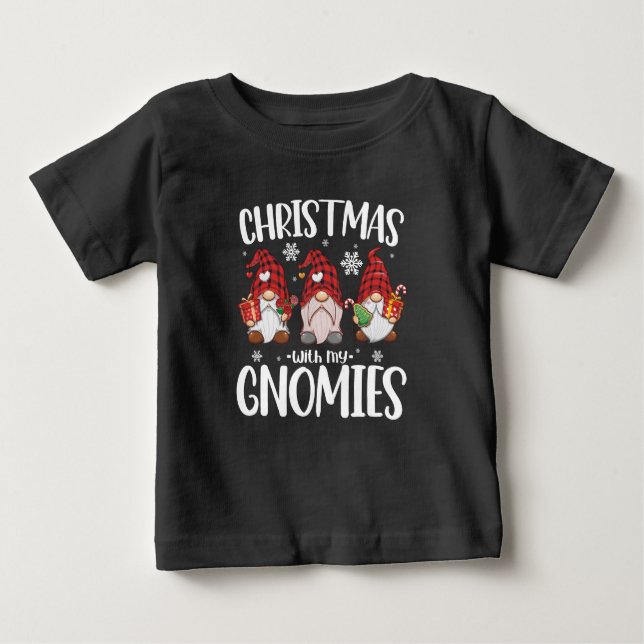 Camiseta Para Bebê Natal Com Meu Gnomos Buffalo Red Xadrez Gnomo (Frente)
