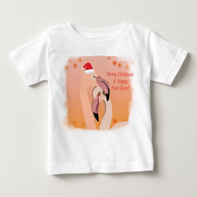 Camiseta Para Bebê Natal das Aves Flamingo, Ano Novo (Frente)