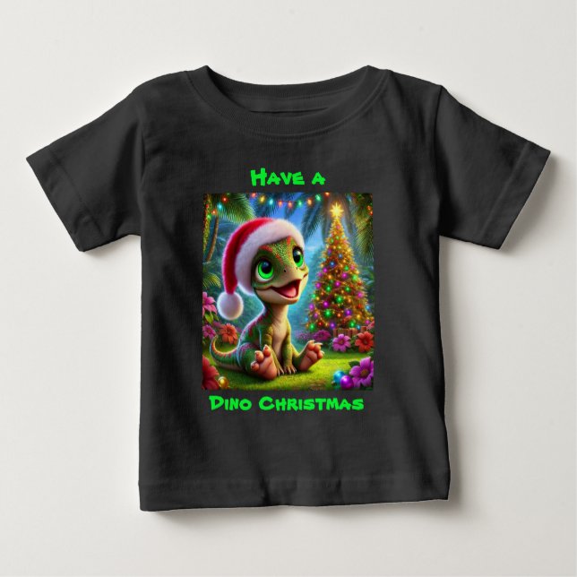 Camiseta Para Bebê Natal Dinossauro Festivo (Frente)