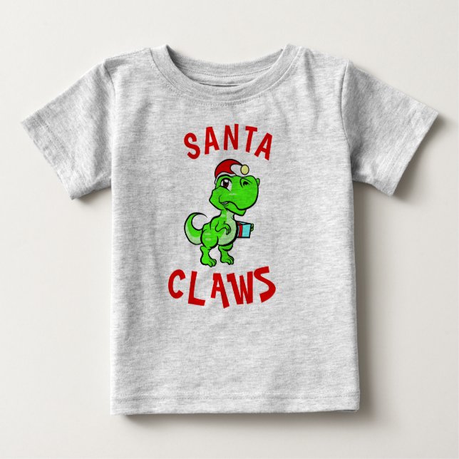 Camiseta Para Bebê Natal do Bebêzinho com o Papai Noel Divertido Dino (Frente)