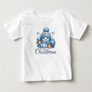 Camiseta Para Bebê Natal do Boneco de Neve Fofo e Pássaros de Inverno