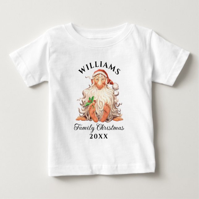 Camiseta Para Bebê Natal em Família ao Estilo Retro com Nome e Ano (Frente)