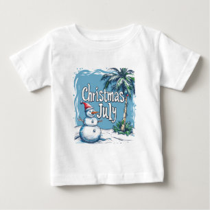 Camiseta Para Bebê Natal em Julho Design de Boneco de Neve & Palmeira