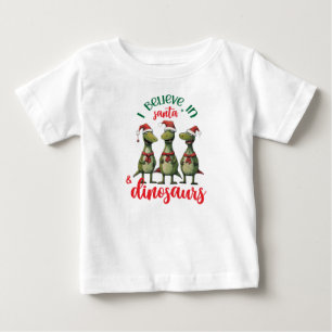 Camiseta Para Bebê Natal Fofo Eu Acredito no Papai Noel e Dinossauros