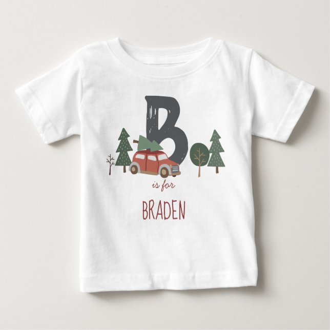 Camiseta Para Bebê Natal inicial da criança da Cinza verde vermelha (Frente)