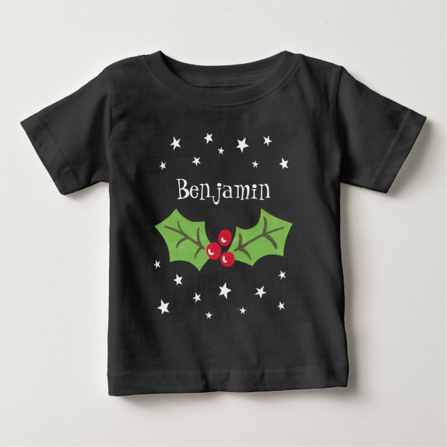 Camiseta Para Bebê Natal Personalizado Holly & Berries (Frente)