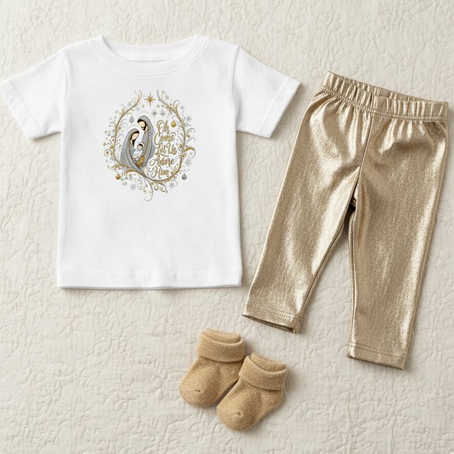 Camiseta Para Bebê Natividade de Natal em prata e ouro (Criador carregado)