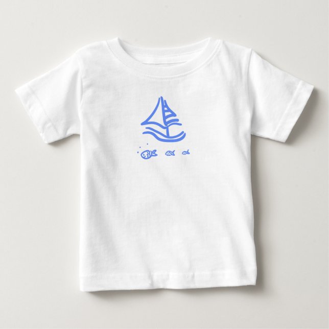 Camiseta Para Bebê Navio de vela e lata de peixe (Frente)