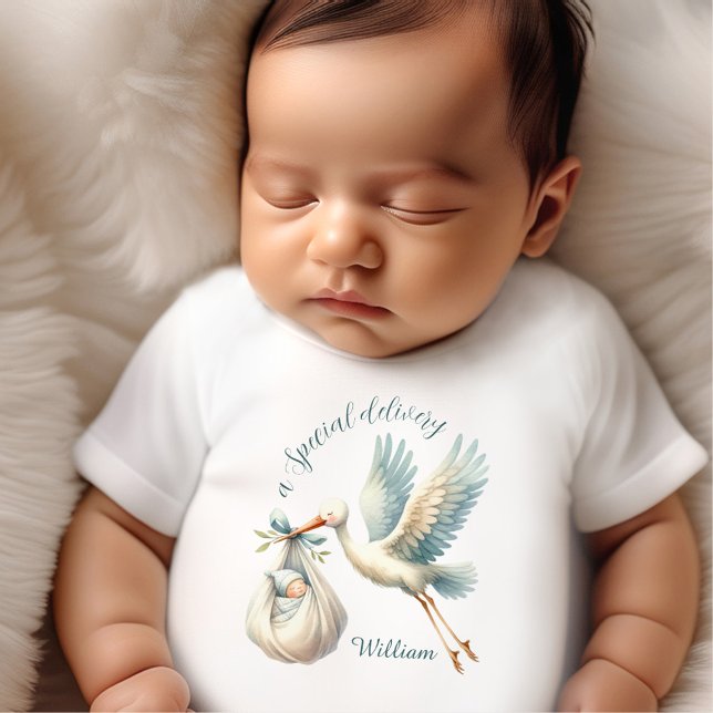 Camiseta Para Bebê Neném Menino Nome Blue Storey Delivery (Newborn Baby Boy Name Blue Stork Delivery Baby T-Shirt)