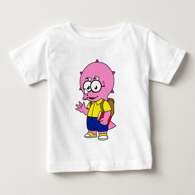 Camiseta Para Bebê Nerd Tricerátops Com Mochila E Livro De Texto. (Frente)