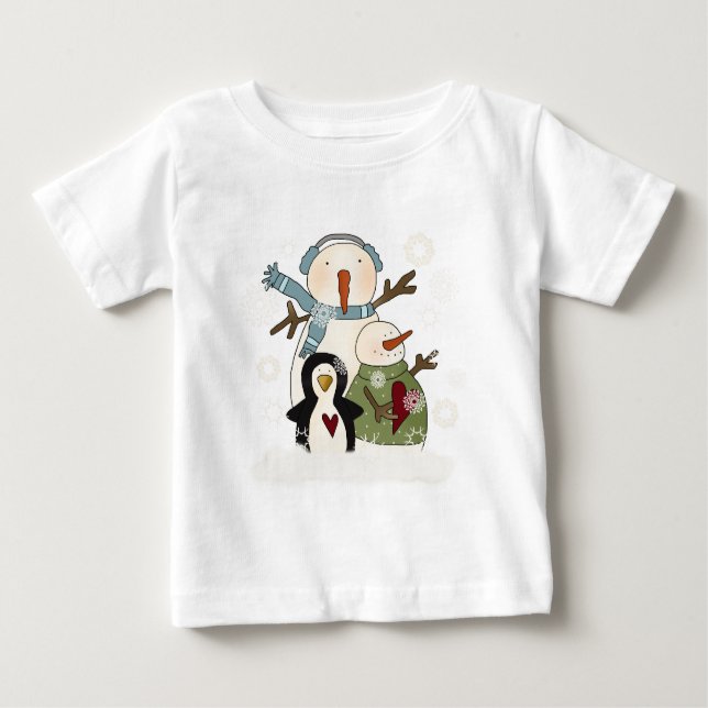Camiseta Para Bebê Neve Amigos Feriados Neves e Pinguim (Frente)