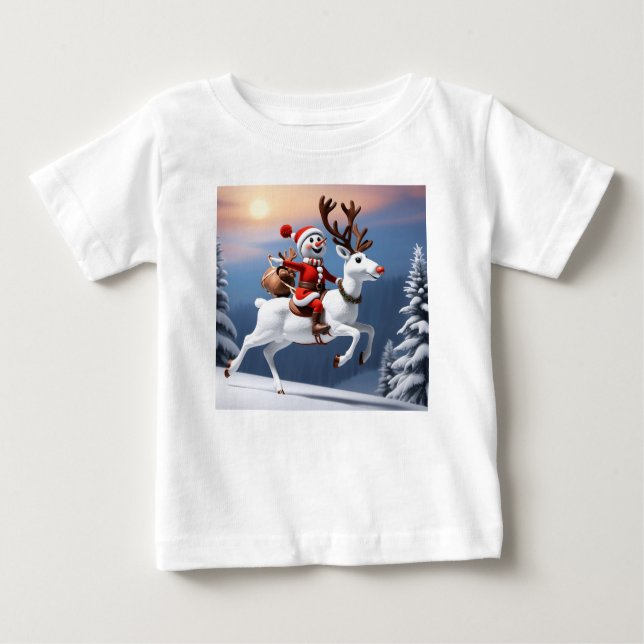 Camiseta Para Bebê Neve cavalgando uma rena design de Natal bonito (Frente)