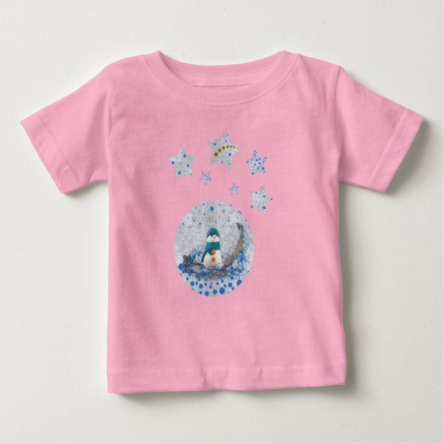 Camiseta Para Bebê Neve, estrelas azuis brilhantes, estrelas douradas (Frente)