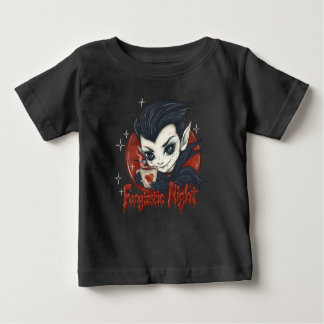 Camiseta Para Bebê Noite fantástica. Vampiro bonito com uma xícara de