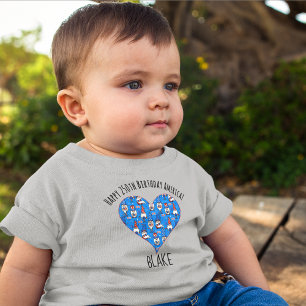 Camiseta Para Bebê Nome, 4 de Julho Gnomos Coração Azul 3m a 24m