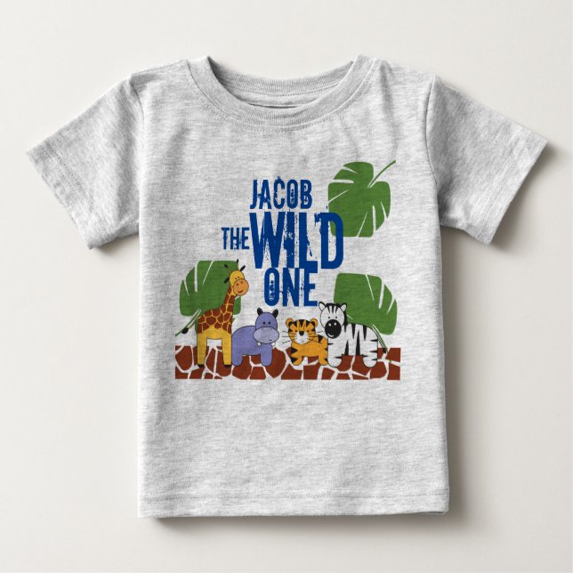 Camiseta Para Bebê Nome azul Safari WILD ONE Primeiro Aniversário (Frente)