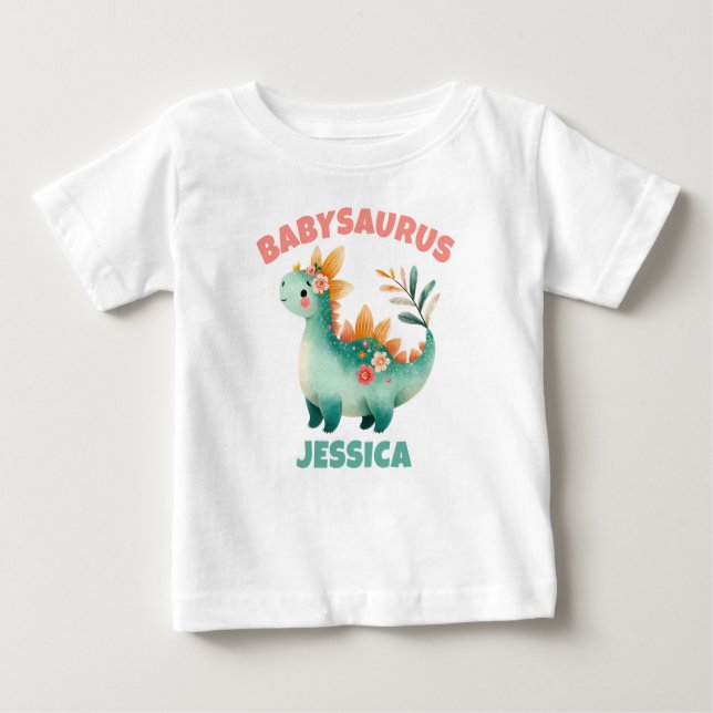 Camiseta Para Bebê Nome Babysaurus Dinossauro Dino Aquarela Caprichos (Frente)