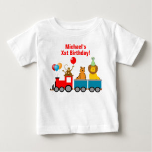 Camiseta Para Bebê Nome Birthday Boy Zoo Safari Animal Lion Train