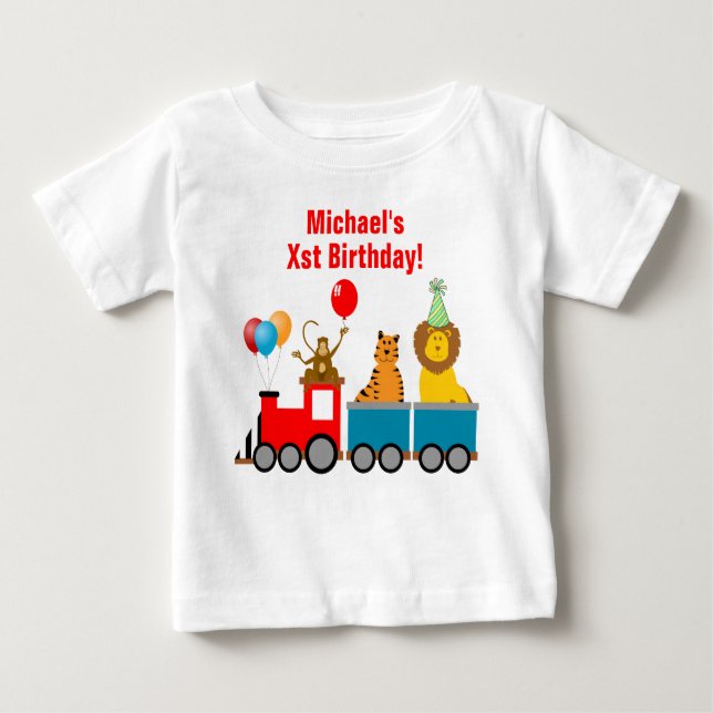 Camiseta Para Bebê Nome Birthday Boy Zoo Safari Animal Lion Train (Frente)