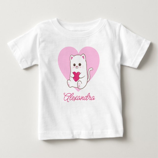Camiseta Para Bebê Nome de Gato Cor-de-Rosa Kawaii Personalizado (Frente)