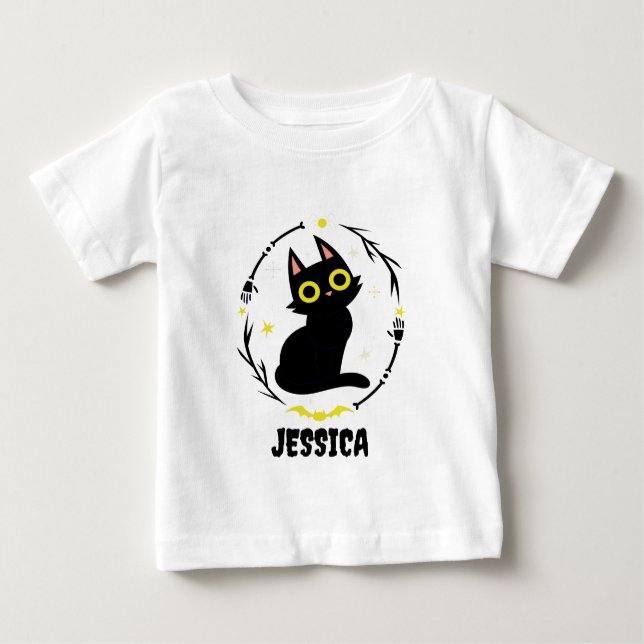 Camiseta Para Bebê Nome de Gato Negro - Gato Halloween (Frente)
