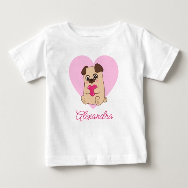 Camiseta Para Bebê Nome de Pug Cardíaco Rosa Kawaii Cute Personalizad (Frente)