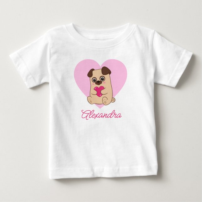 Camiseta Para Bebê Nome de Pug Coração Rosa Kawaii Fofo Personalizado (Frente)