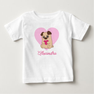 Camiseta Para Bebê Nome de Pug Coração Rosa Kawaii Personalizado