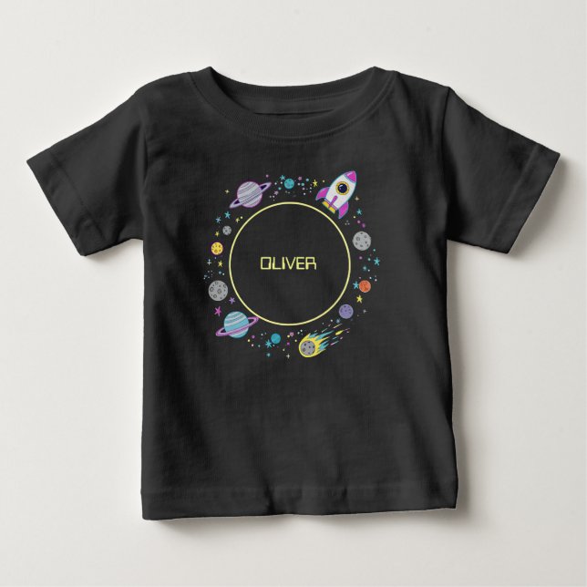 Camiseta Para Bebê Nome do Espaço Exterior em Órbita (Frente)