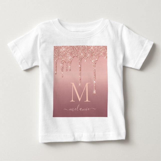 Camiseta Para Bebê Nome do Monograma Rosa de Texto Blush Glitter Spar (Frente)