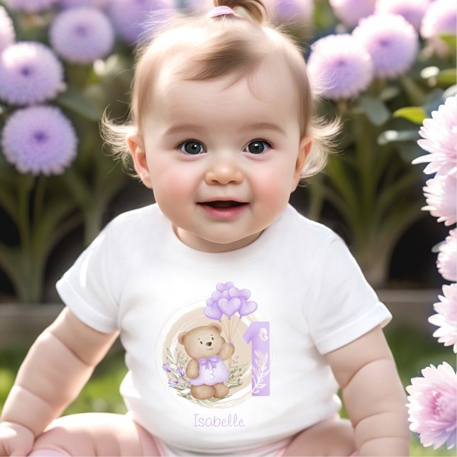 Camiseta Para Bebê Nome do primeiro aniversario Cute Teddy Bear Roxo (1st Birthday Cute Teddy Bear Purple Balloons Baby T-Shirt)