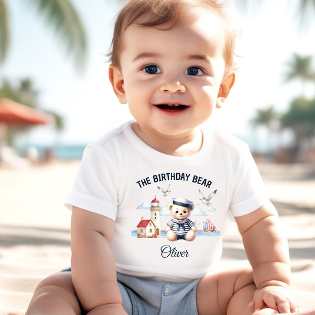 Camiseta Para Bebê Nome do primeiro aniversario Náutico do Navegador  (1st Birthday Nautical Sailor Cute Bear Boy Baby T-Shirt)