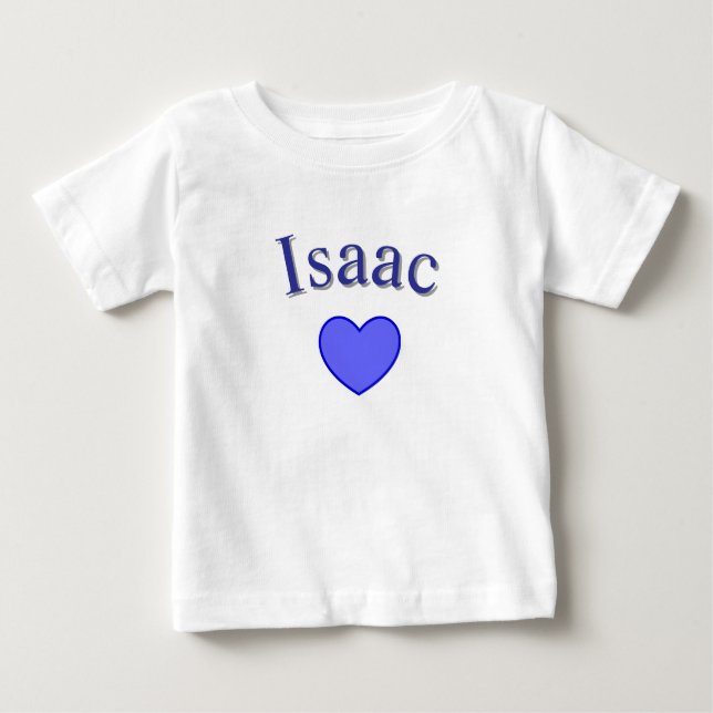 Camiseta Para Bebê Nome Isaac Azul Com Coração, (Frente)