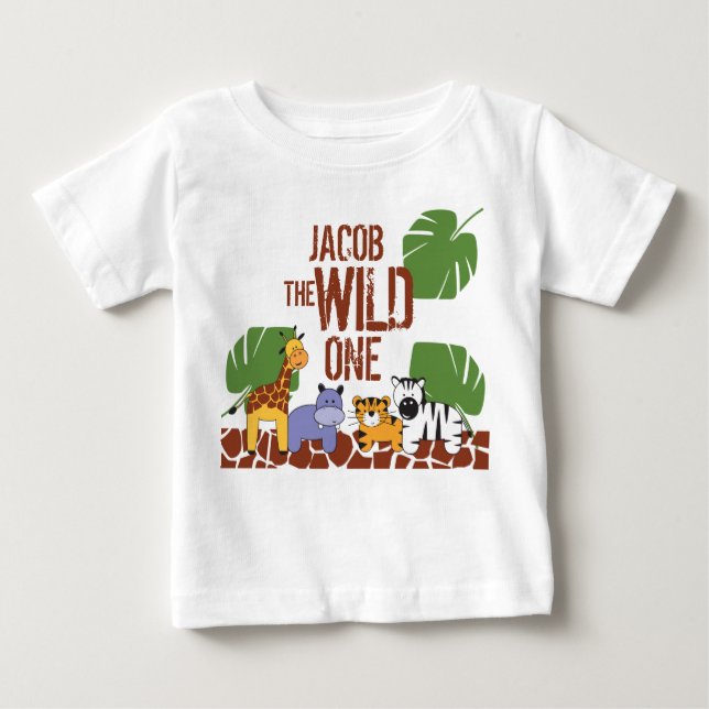 Camiseta Para Bebê Nome Marrom verde Safari WILD ONE primeiro anivers (Frente)