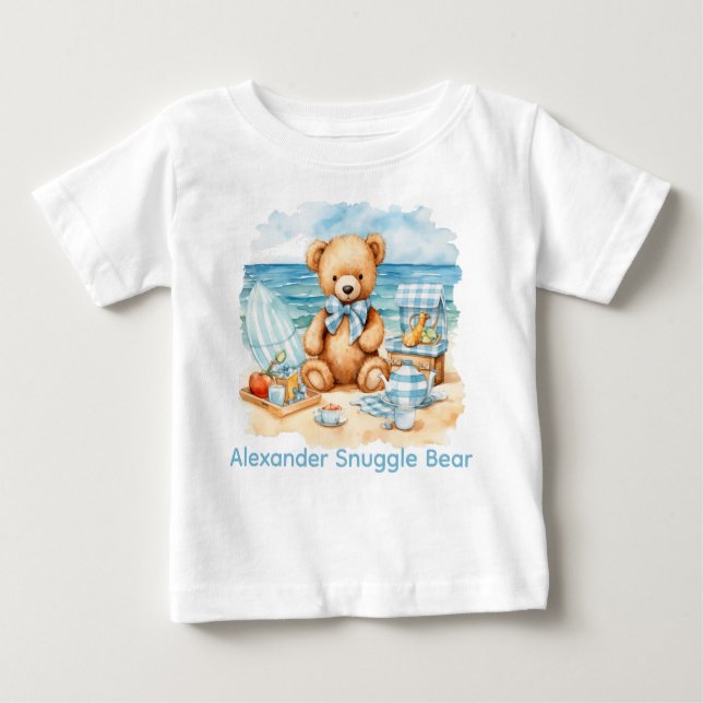 Camiseta Para Bebê Nome Personalizado Bute Beach Blue Teddy Bear Shir (Frente)