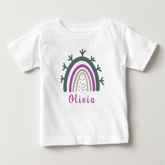 Camiseta Para Bebê Nome Personalizado com Arco-íris Boho Fofo  (Frente)