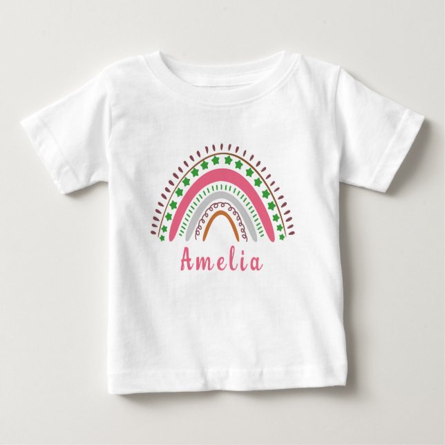 Camiseta Para Bebê Nome Personalizado com Whimsical Boho Rainbow (Frente)