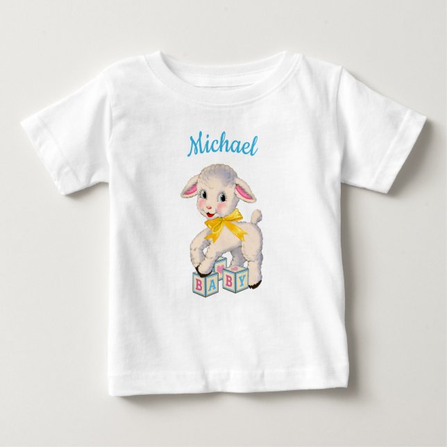 Camiseta Para Bebê Nome personalizado da fita amarela pequena Lamb (Frente)